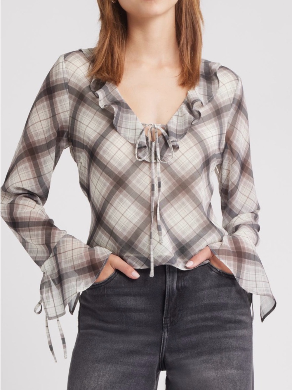 Open Edit Ruffle Tie-Front Plaid Chiffon Blouse Top